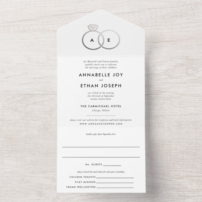 Invitation Tout En Un Anneaux d'argent moderne Mariage blanc (À l'intérieur)