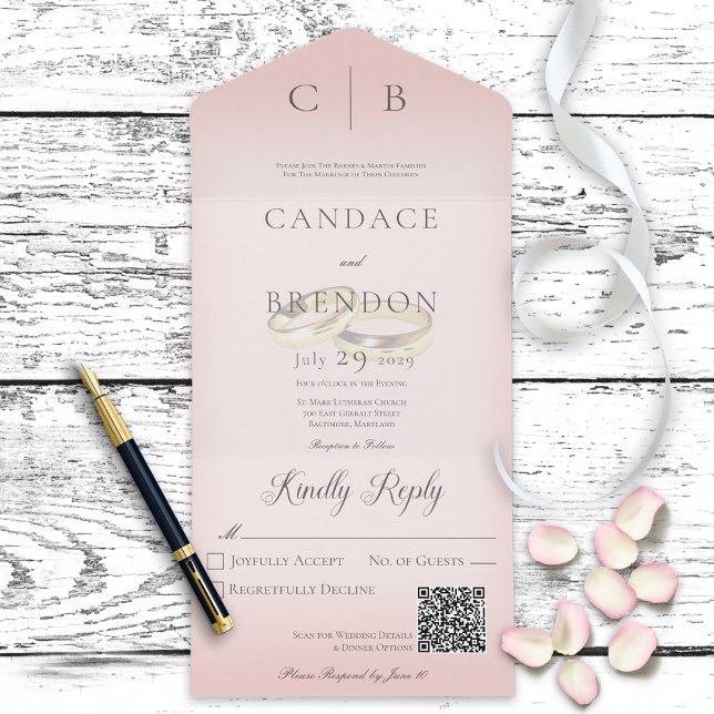 Invitation Tout En Un Anneaux mariages Moderne Blush Pink QR Code (Créateur téléchargé)