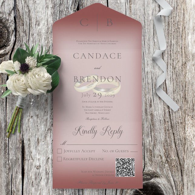 Invitation Tout En Un Anneaux mariages Moderne Bourgogne Code QR (Créateur téléchargé)