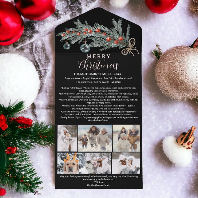 Invitation Tout En Un Année d'examen pin rouge Joyeux Noël 6 photos (Year review pine red Merry Christmas 6 photos All In One Invitation on black)