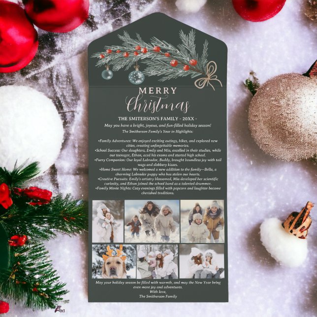 Invitation Tout En Un Année d'examen pin rouge Joyeux Noël 6 photos (Year review pine red Merry Christmas 6 photos All In One Invitation)