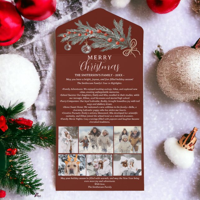 Invitation Tout En Un Année d'examen pin rouge Joyeux Noël 6 photos (Year review pine red Merry Christmas 6 photos All In One Invitation on red)
