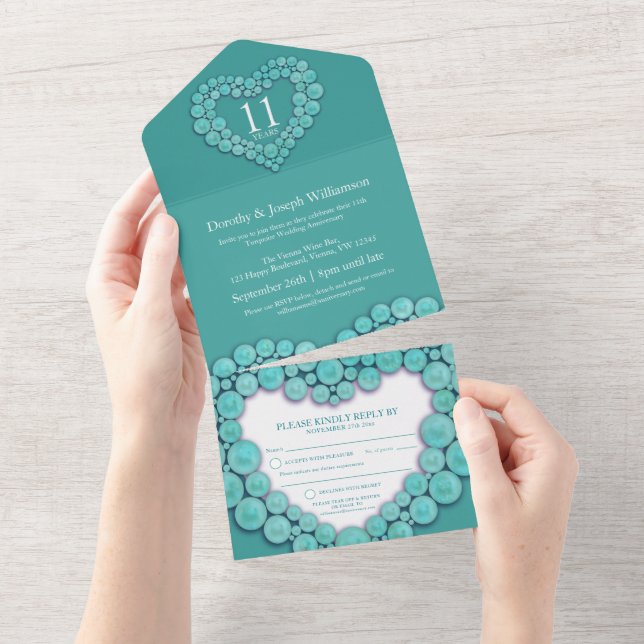 Invitation Tout En Un Anniversaire de mariage turquoise 11 ans événement (Déchirure)
