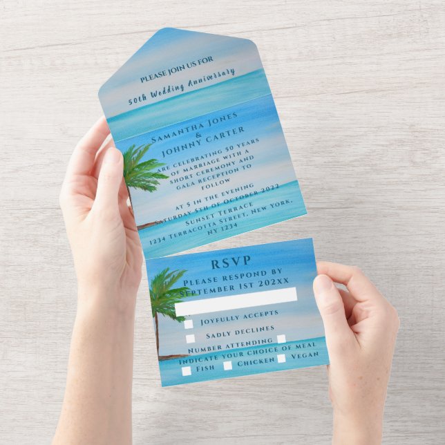 Invitation Tout En Un Anniversaire du Mariage tropical de la plage (Déchirure)