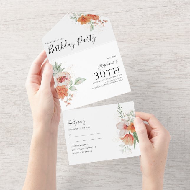 Invitation Tout En Un Anniversaire floral du printemps élégant (Déchirure)