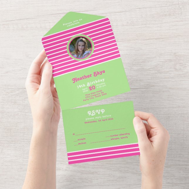 Invitation Tout En Un Anniversaire Pink ⎮ Blanc Vert (Déchirure)