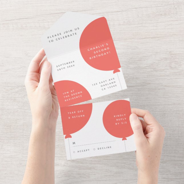 Invitation Tout En Un Anniversaire scandinave | Fête du ballon rose cora (Déchirure)