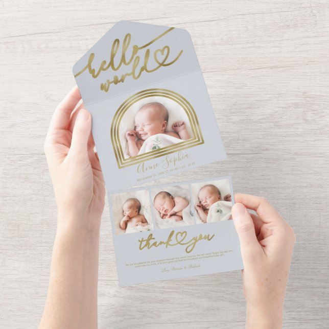 Invitation Tout En Un Annonce de naissance Chic Cadre Arch Hello World (Déchirure)