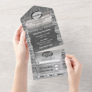 Invitation Tout En Un Antique Blanc dentelle gris bois Mariage d'argent