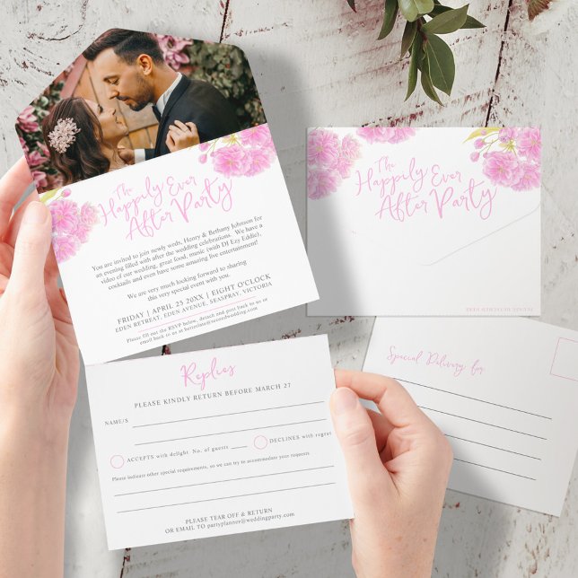 Invitation Tout En Un Après la fête de mariage photo printemps rose (Créateur téléchargé)