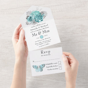 Invitation Tout En Un Aqua et Silver Vintage Shabby Mariage Rose