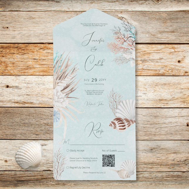 Invitation Tout En Un Aqua Ocean Shells QR Code Mariage (Modern Aqua Ocean Shells QR Code Wedding All In One Invitation)