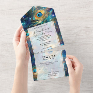 Invitation Tout En Un Aqua Turquoise Gold Peacock Feathers