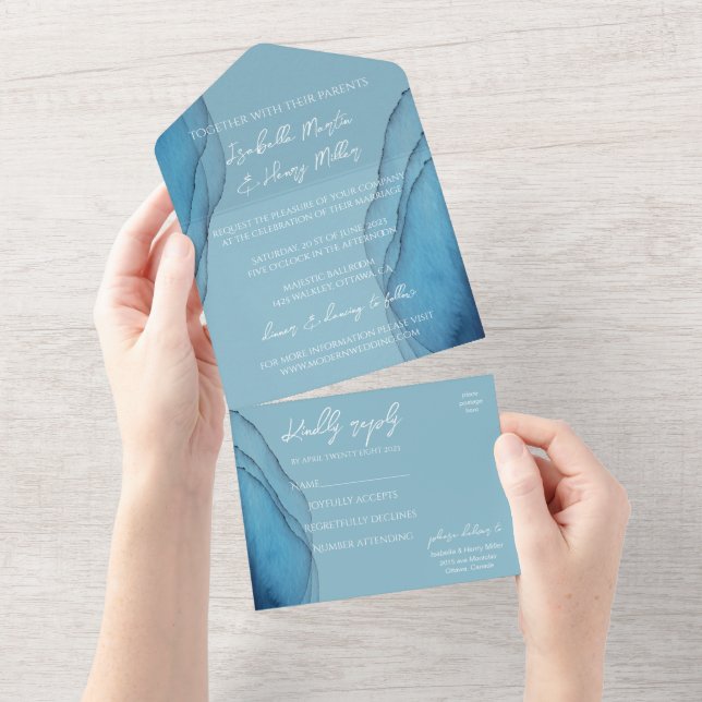 Invitation Tout En Un Aquamarine bleu marine moderne (Déchirure)