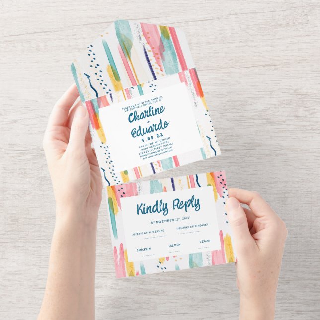Invitation Tout En Un Aquarelle Abstraite couleur Mariage de brosse (Déchirure)