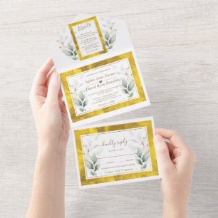 Invitation Tout En Un Aquarelle Airy Greenery Gold Foil Mariage