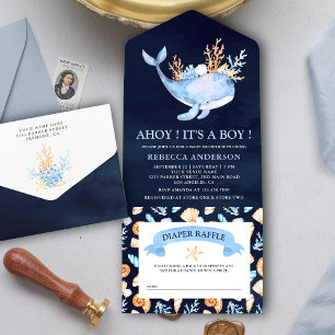 Invitation Tout En Un Aquarelle Baleine marine Baby shower bleu marine