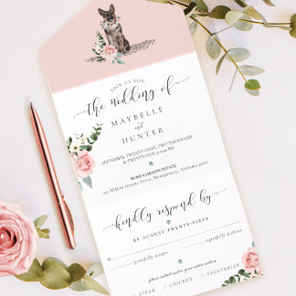Invitation Tout En Un Aquarelle berger allemand chien et rose florale ro