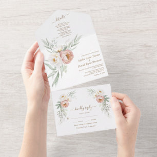 Invitation Tout En Un Aquarelle Blanc Dusty Rose Fleurs Mariage
