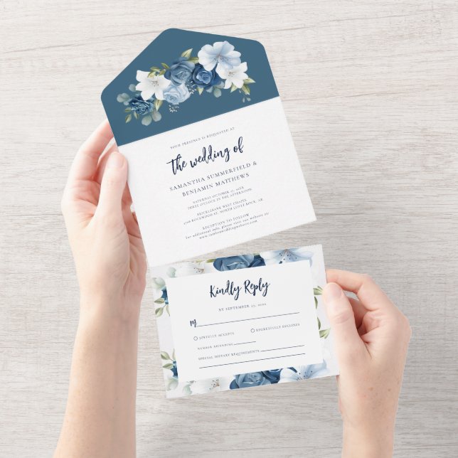 Invitation Tout En Un Aquarelle bleu bleu foncé Mariage à script (Déchirure)
