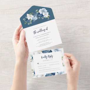 Invitation Tout En Un Aquarelle bleu bleu foncé Mariage à script