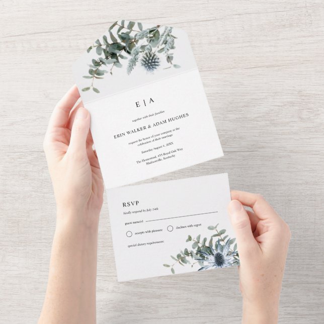 Invitation Tout En Un Aquarelle bleu chardon Mariage Eucalyptus (Déchirure)