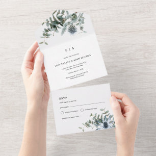 Invitation Tout En Un Aquarelle bleu chardon Mariage Eucalyptus