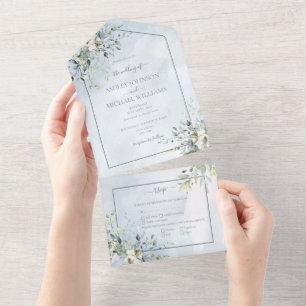 Invitation Tout En Un Aquarelle bleu Dusty vert botanique Script