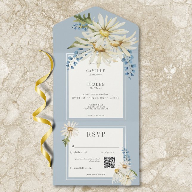 Invitation Tout En Un Aquarelle bleu et blanc rustique marais QR Code (Rustic Blue & White Watercolor Daisies QR Code All In One Invitation)