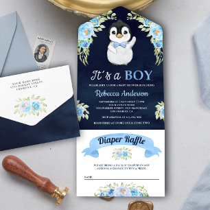 Invitation Tout En Un Aquarelle bleu Floral Penguin Marine Baby shower