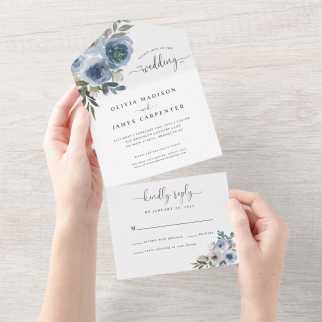 Invitation Tout En Un Aquarelle bleu foncé Boho Mariage rustique (Déchirure)