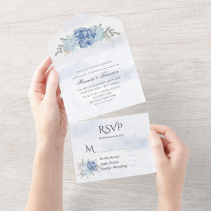Invitation Tout En Un Aquarelle bleu foncé Mariage tout en un