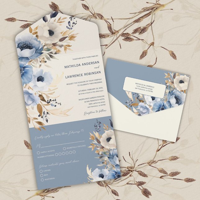 Invitation Tout En Un Aquarelle bleu foncé moderne Floral Mariage d'hive (Dusty Blue Floral Winter Wedding All In One Invitation)