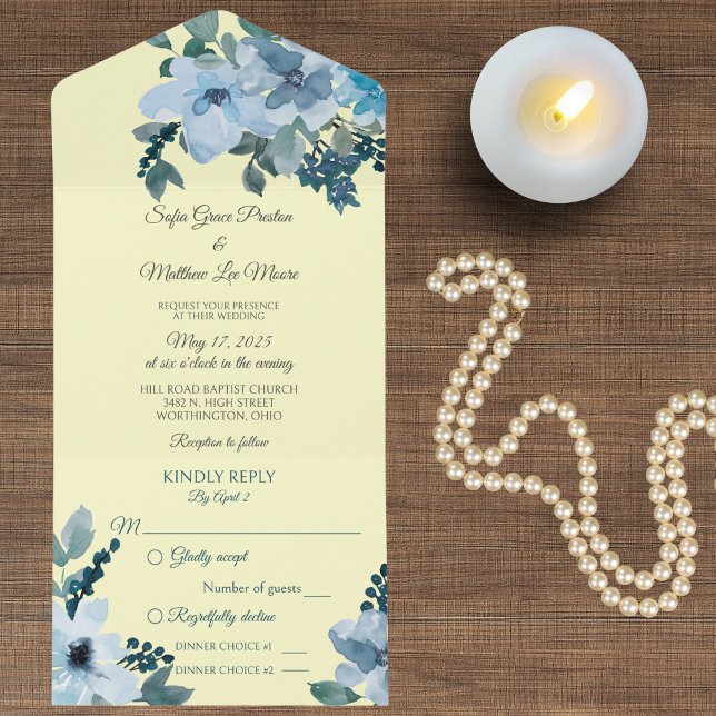 Invitation Tout En Un Aquarelle bleu foncé sur jaune pâle (Créateur téléchargé)