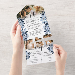 Invitation Tout En Un Aquarelle bleu marine Floral Photo Wedding RSVP Al