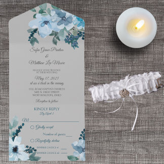 Invitation Tout En Un Aquarelle bleu poussiéreux sur gris pâle