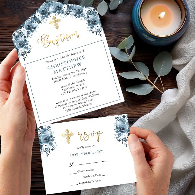 Invitation Tout En Un Aquarelle bleue Floral | Faux Gold Boy Baptism (Elegant Blue Watercolor Floral Faux Gold Accents Boy Baptism Invitation - All in One with RSVP)