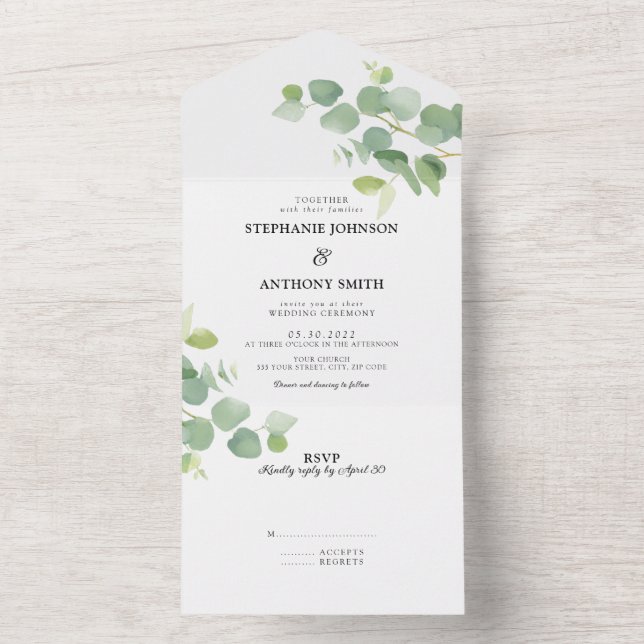 Invitation Tout En Un Aquarelle botanique Eucalyptus Feuille Mariage (À l'intérieur)