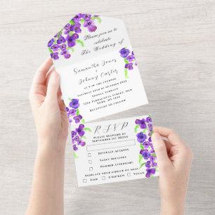 Invitation Tout En Un Aquarelle Botanique Lilac Purple Mariage Floral