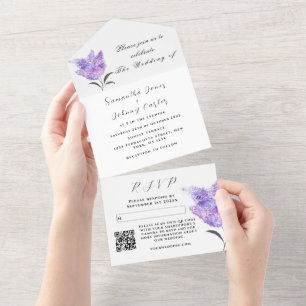 Invitation Tout En Un Aquarelle Botanique lilas Violet Mariage Floral