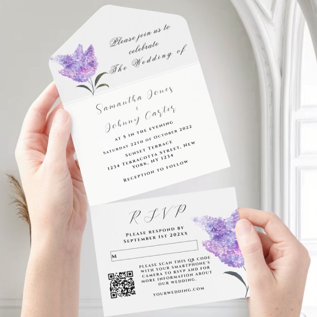 Invitation Tout En Un Aquarelle Botanique lilas Violet Mariage Floral (Créateur téléchargé)