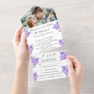 Invitation Tout En Un Aquarelle Botanique lilas Violet Mariage Floral