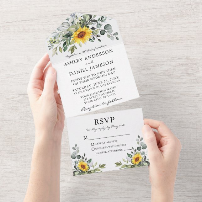 Invitation Tout En Un Aquarelle Botanique Vert Mariage de tournesols (Déchirure)