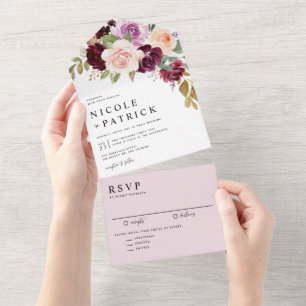 Invitation Tout En Un Aquarelle Bourgogne et Mariage de automne de fleur