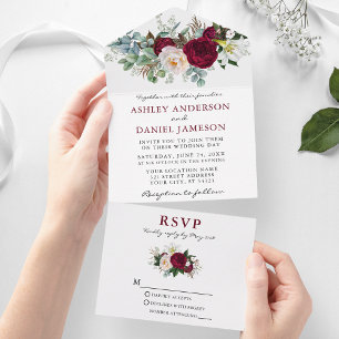 Invitation Tout En Un Aquarelle Bourgogne Floral Mariage