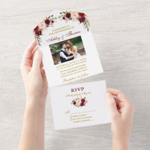 Invitation Tout En Un Aquarelle Bourgogne Floral Photo Mariage or