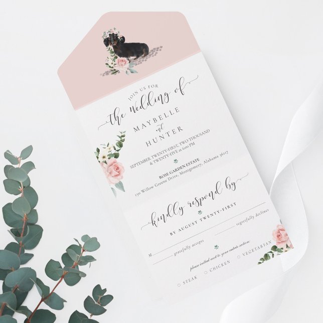 Invitation Tout En Un Aquarelle Brown Dachshund Chien & Rose Florale (Watercolor Brown Dachshund Dog & Floral Pink Rose All In One Invitation)