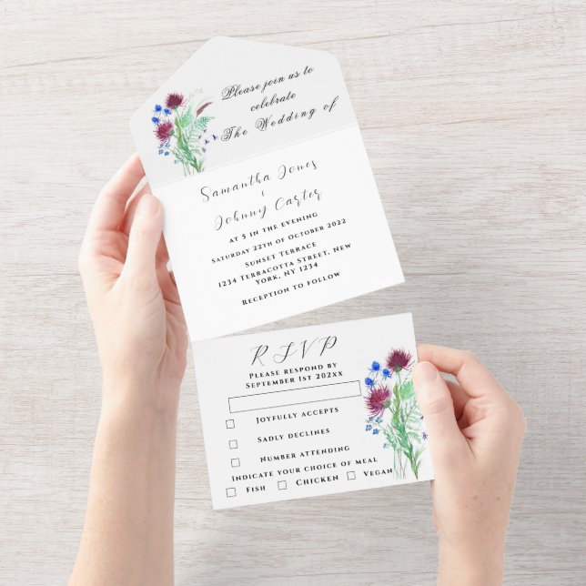 Invitation Tout En Un Aquarelle Chardon botanique Simple Mariage floral (Déchirure)