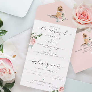 Invitation Tout En Un Aquarelle Chien & Élégant Rose Rose Floral Tout en