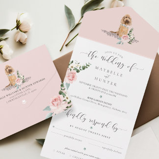 Invitation Tout En Un Aquarelle Chien & Élégante Rose Rose Floral